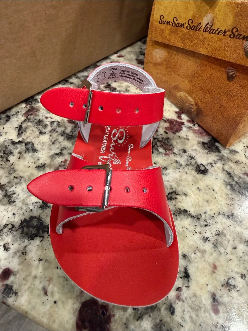 Sun-San Red Kids Leather Sandal with Double Buckle
